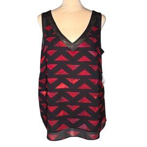 NWT Ann Klein Geometric Mesh Trim Top 10 Titian Red Black Whimsy Casual Tank